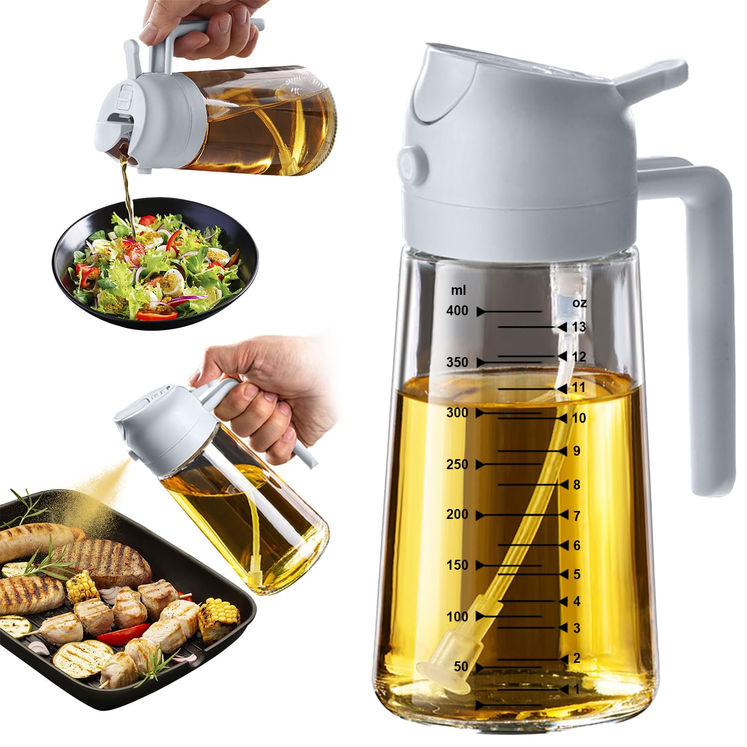 TrendPlain 16oz/470ml Glass Olive Oil Sprayer for Cooking – 2 in 1 Olive Oil Dispenser Bottle for Kitchen Gadgets and Air Fryer Accessories, Salad, BBQ - Black