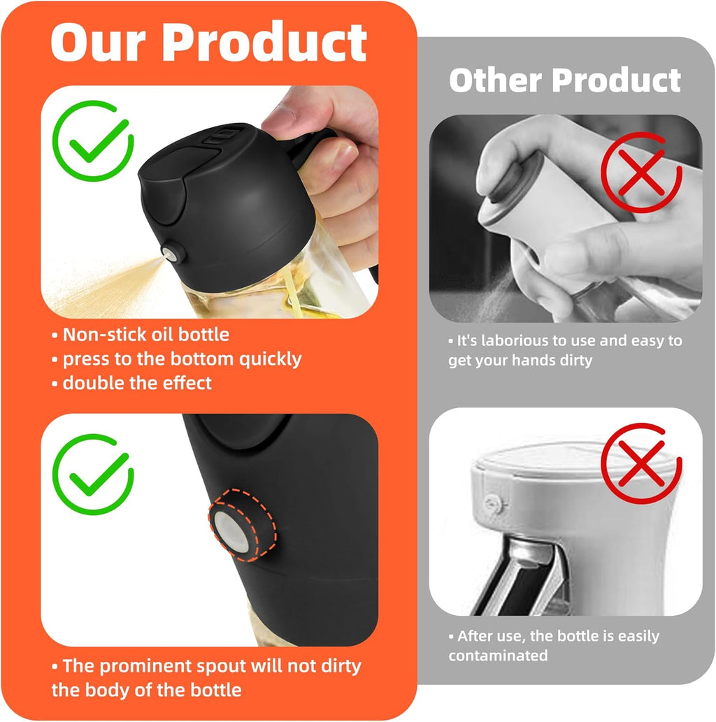 16Oz/470Ml Glass Olive Oil Sprayer for Cooking – 2 in 1 Olive Oil Dispenser Bottle for Kitchen Gadgets and Air Fryer Accessories, Salad, BBQ - Black
