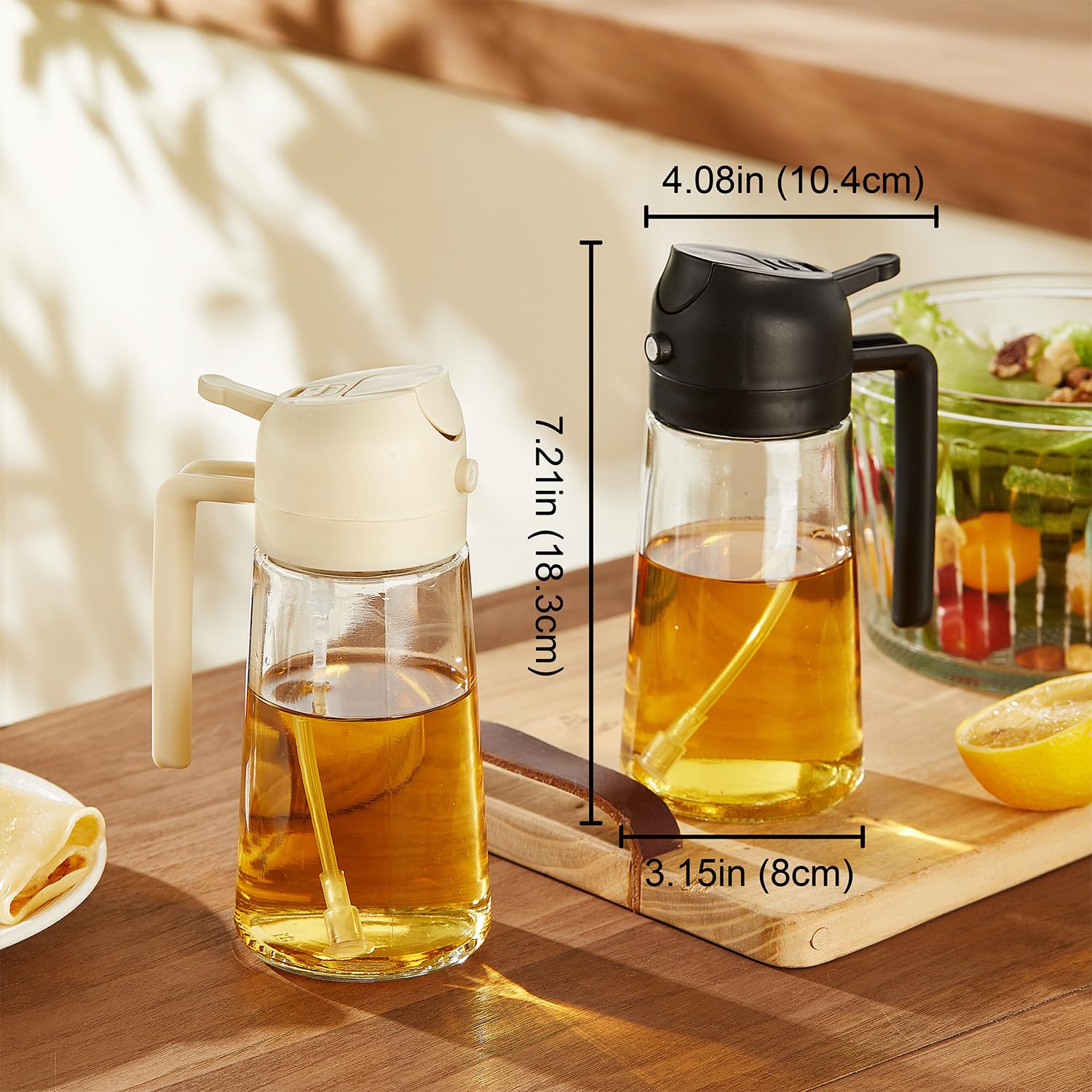 TrendPlain 16oz/470ml Glass Olive Oil Sprayer for Cooking – 2 in 1 Olive Oil Dispenser Bottle for Kitchen Gadgets and Air Fryer Accessories, Salad, BBQ - Black