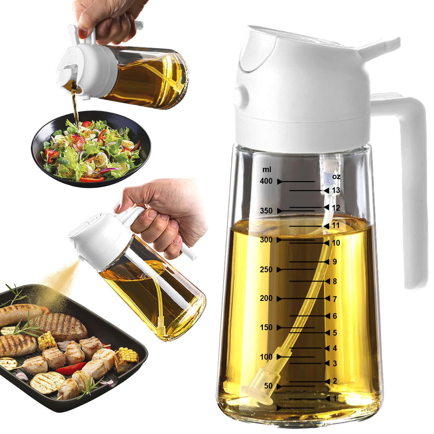 TrendPlain 16oz/470ml Glass Olive Oil Sprayer for Cooking – 2 in 1 Olive Oil Dispenser Bottle for Kitchen Gadgets and Air Fryer Accessories, Salad, BBQ - Black