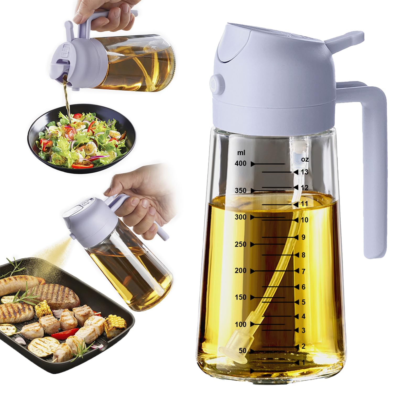 TrendPlain 16oz/470ml Glass Olive Oil Sprayer for Cooking – 2 in 1 Olive Oil Dispenser Bottle for Kitchen Gadgets and Air Fryer Accessories, Salad, BBQ - Black