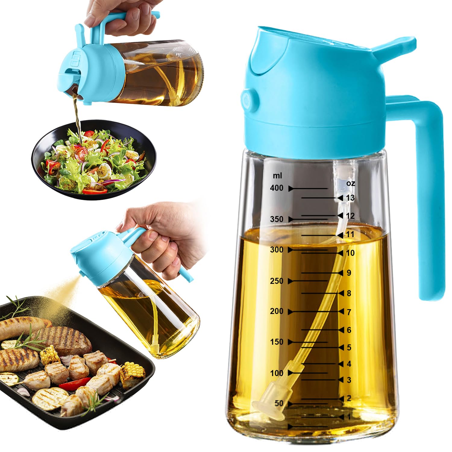 TrendPlain 16oz/470ml Glass Olive Oil Sprayer for Cooking – 2 in 1 Olive Oil Dispenser Bottle for Kitchen Gadgets and Air Fryer Accessories, Salad, BBQ - Black