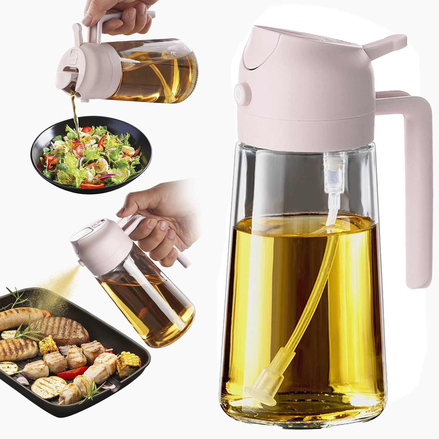 TrendPlain 16oz/470ml Glass Olive Oil Sprayer for Cooking – 2 in 1 Olive Oil Dispenser Bottle for Kitchen Gadgets and Air Fryer Accessories, Salad, BBQ - Black