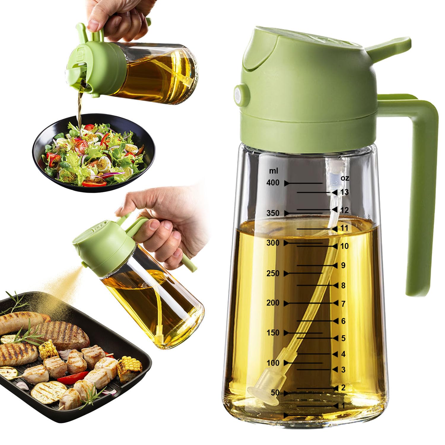 TrendPlain 16oz/470ml Glass Olive Oil Sprayer for Cooking – 2 in 1 Olive Oil Dispenser Bottle for Kitchen Gadgets and Air Fryer Accessories, Salad, BBQ - Black
