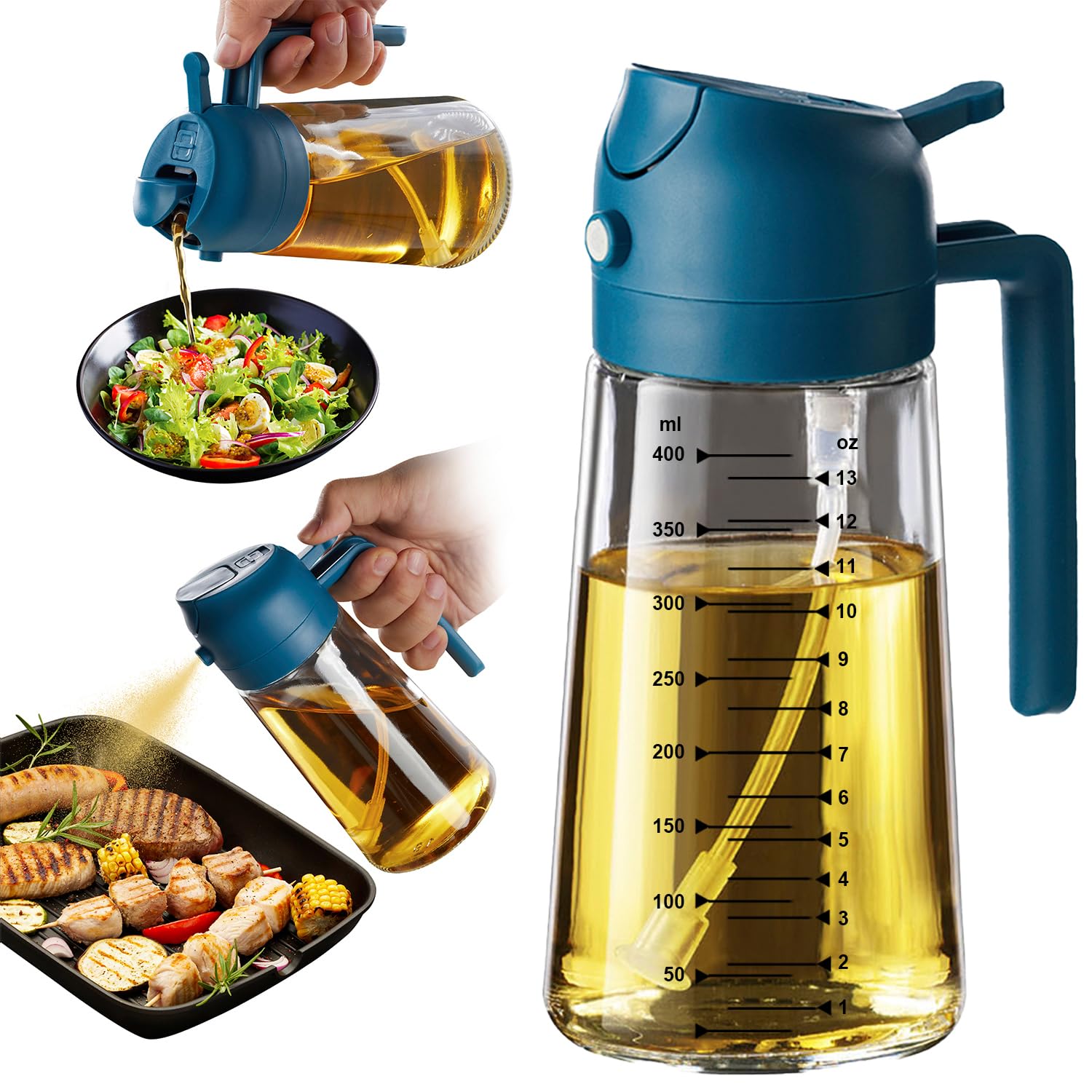 TrendPlain 16oz/470ml Glass Olive Oil Sprayer for Cooking – 2 in 1 Olive Oil Dispenser Bottle for Kitchen Gadgets and Air Fryer Accessories, Salad, BBQ - Black