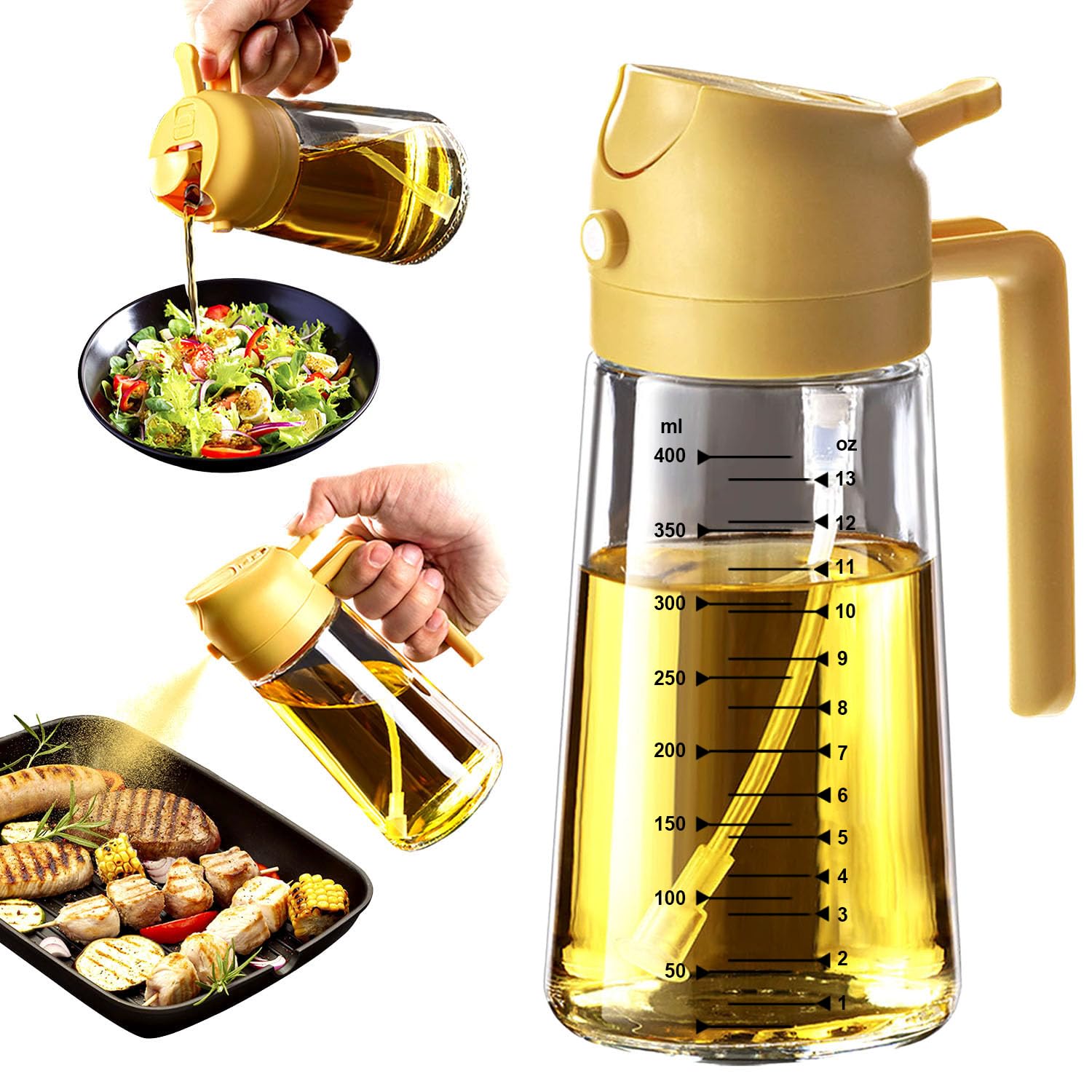 TrendPlain 16oz/470ml Glass Olive Oil Sprayer for Cooking – 2 in 1 Olive Oil Dispenser Bottle for Kitchen Gadgets and Air Fryer Accessories, Salad, BBQ - Black