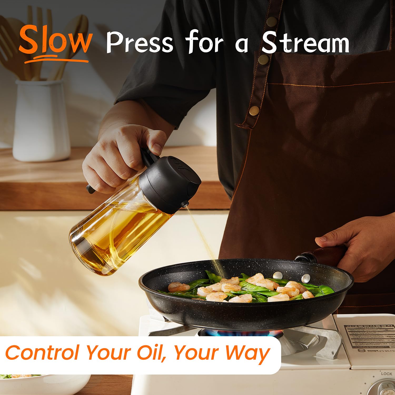 TrendPlain 16oz/470ml Glass Olive Oil Sprayer for Cooking – 2 in 1 Olive Oil Dispenser Bottle for Kitchen Gadgets and Air Fryer Accessories, Salad, BBQ - Black